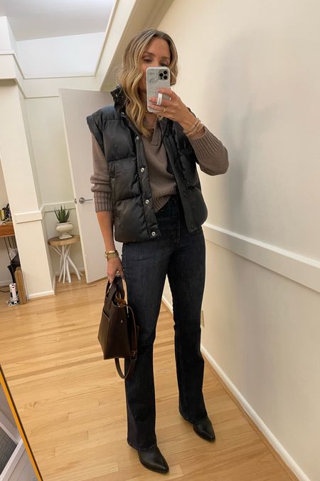 Fall ootd! Leather puffer vest, brown collar sweater, black flare jeans, western boots 

Evereve, Hudson, Dolce VITA, fall outfit, workwear, weekend outfit, black boots, chic outfit 

#LTKunder100 #LTKSeasonal #LTKstyletip