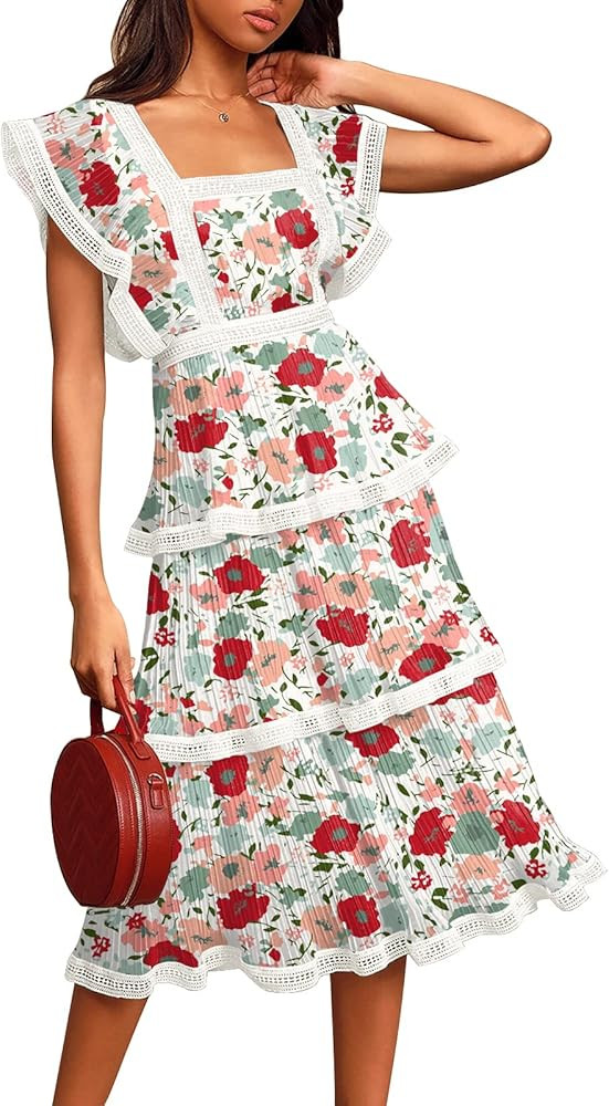 Summer Ruffle Dress for Womne Lace Tiered Short Sleeve Boho Floral Print Chiffon Party Midi Dress | Amazon (US)