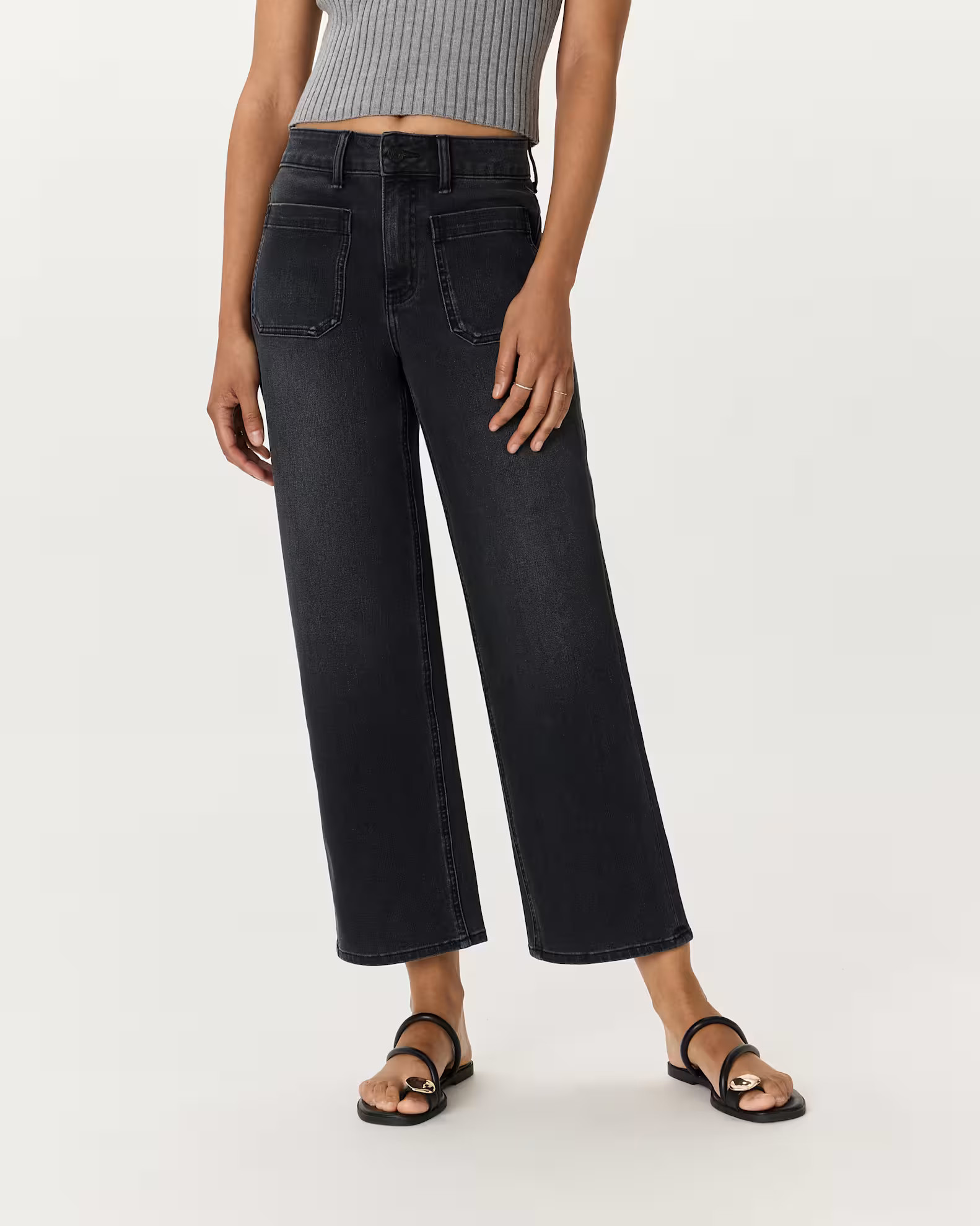 Bella Stretch Patch Pocket Wide Leg Jeans in Faded Black | Quince