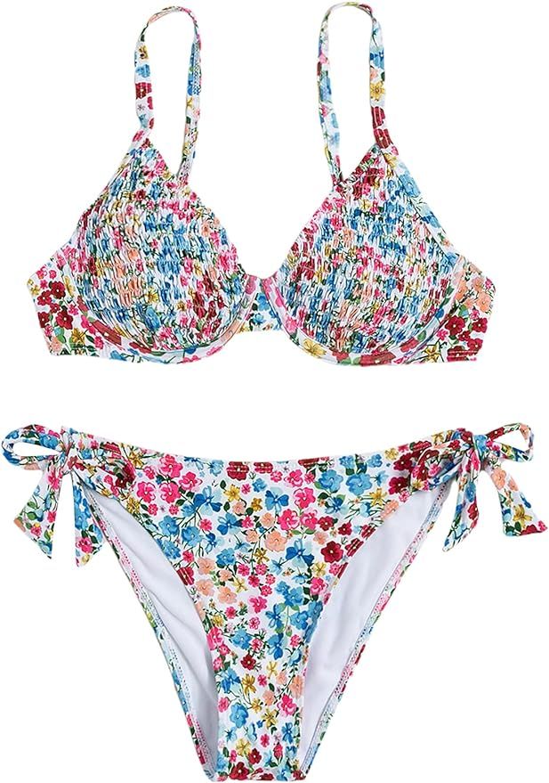 WDIRARA Women's Floral Print Tie Side Strap Bikini Set Smocked Bathing Suits | Amazon (US)