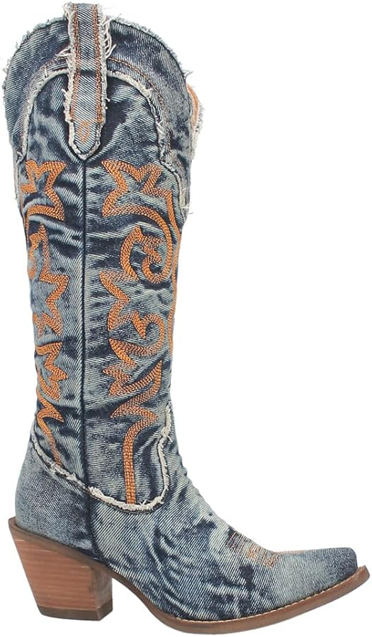 Dingo Womens Texas Tornado Denim Embroidered Snip Toe Casual Boots Mid Calf Mid Heel 2-3" - Blue | Amazon (US)