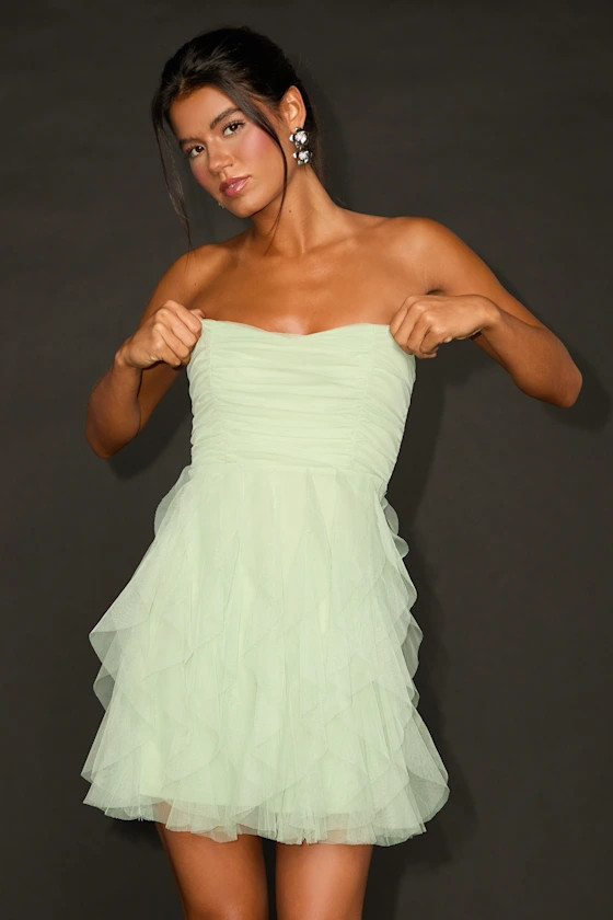 Delightful Beauty Mint Green Mesh Strapless Ruffled Mini Dress | Lulus