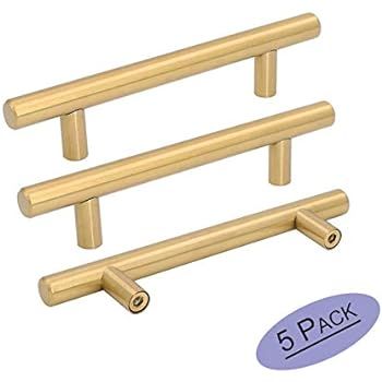 Brushed Brass Cabinet Pulls Kitchen Hardware 5 Pack - Goldenwarm 4in Hole Centers Gold Drawer Han... | Amazon (US)