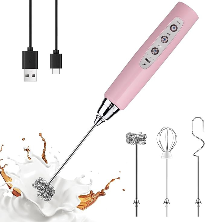 YUSWKO Pink Milk Frother Handheld with 3 Heads, Coffee Whisk Drink Foam Mixer with USB Rechargeab... | Amazon (US)