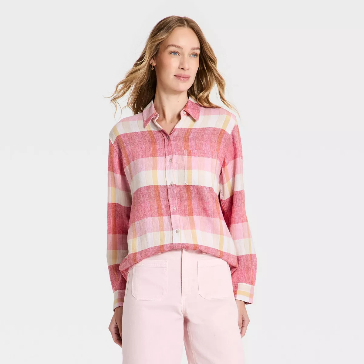 Women's Long Sleeve Linen Collared Button-Down Shirt - Universal Thread™ Pink Plaid M | Target