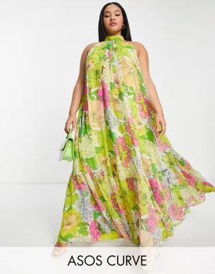 ASOS EDITION Curve halter maxi dress in retro floral print | ASOS | ASOS (Global)