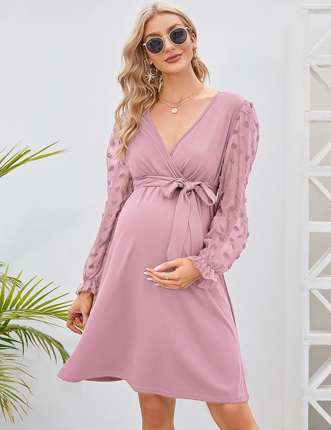 Coolmee Womens Maternity Swiss Dot Long Sleeve Wrap Dress V Neck Fall Casual Boho Midi Dress Baby... | Amazon (US)