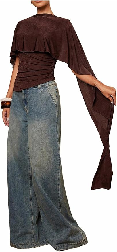 OYOANGLE Women's Off The Shoulder Ruffle Ruched Poncho Cape Blouse Tops Asymmetrical Cinched Wais... | Amazon (US)