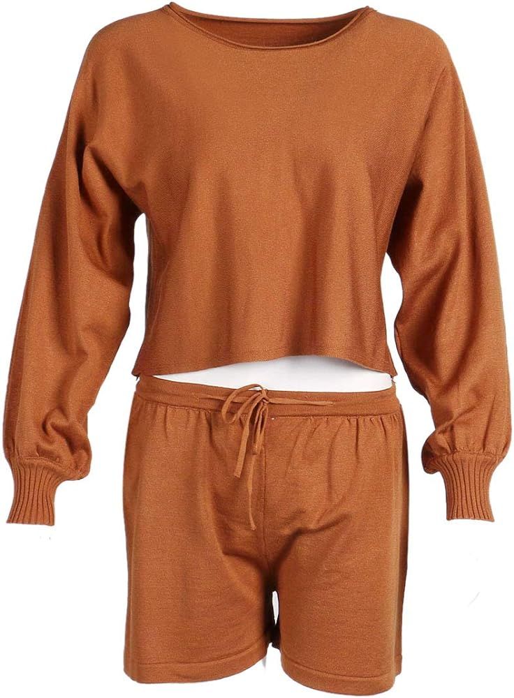 Womens Fall Rib-Knit Long Sleeve Pullover Sweater Top & Shorts Pants Set 2 Piece Outfits Tracksui... | Amazon (US)