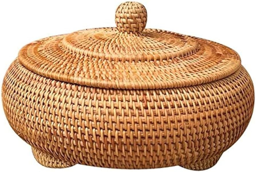 Round Rattan Boxes with Lid Hand-Woven Multi-Purpose Wicker Tray 8.6Inch Picnic Food Bread Table ... | Amazon (US)