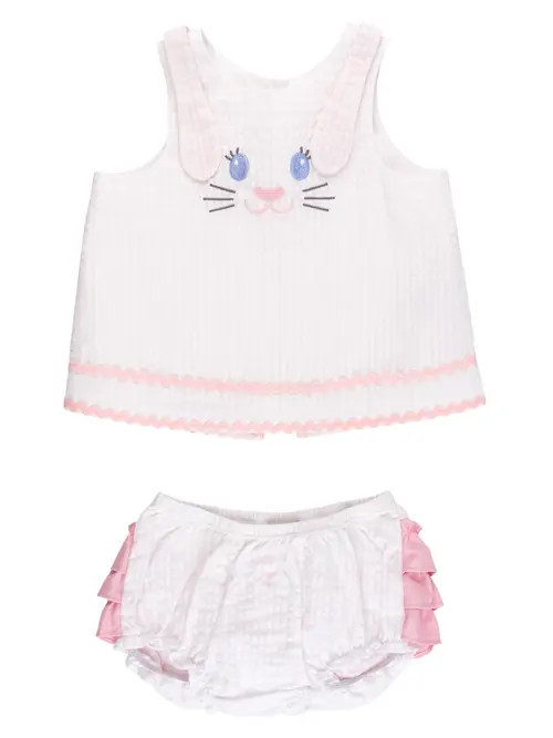 RuffleButts Seersucker Applique Swing Top and Bloomer Set in Pink Bunny Ears Seersucker at Nordstrom, Size 0-3M | Nordstrom