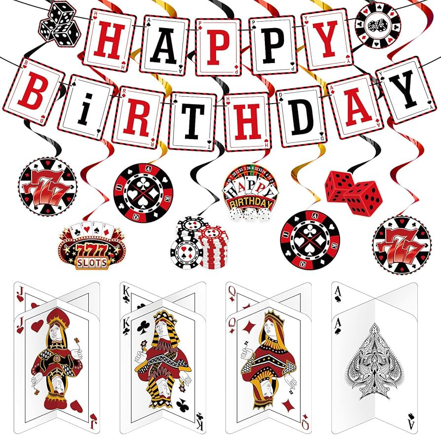 Outus 17 Pieces Casino Poker Theme Party Decorations Casino Birthday Banner Hanging Swirl 3D Tabl... | Amazon (US)