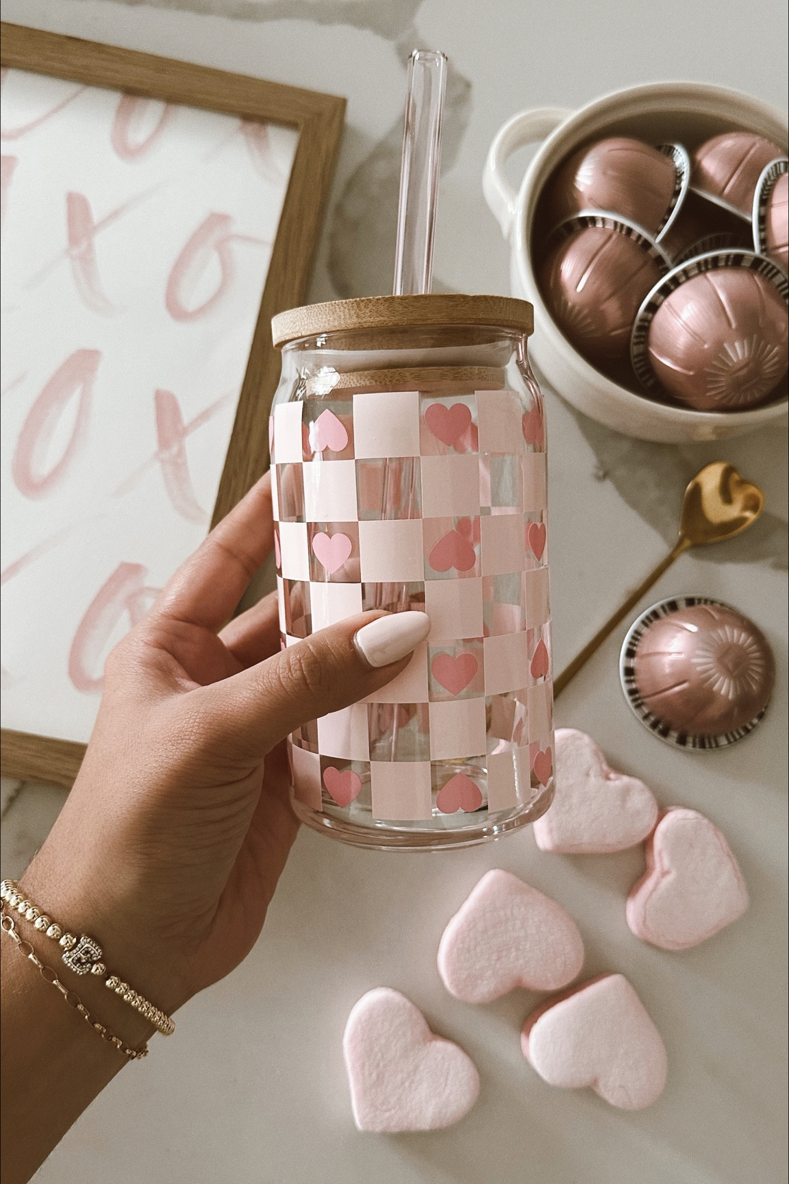 Valentine’s Day coffee things 💘 #vday #valentines #valentines2023 #checkerprint #icedcoffee #cup #glassstraw #heartspoon #valentinescoffeebar #coffeestation #xoxo #galentines #giftidea 

#LTKGiftGuide #LTKunder50 #LTKhome