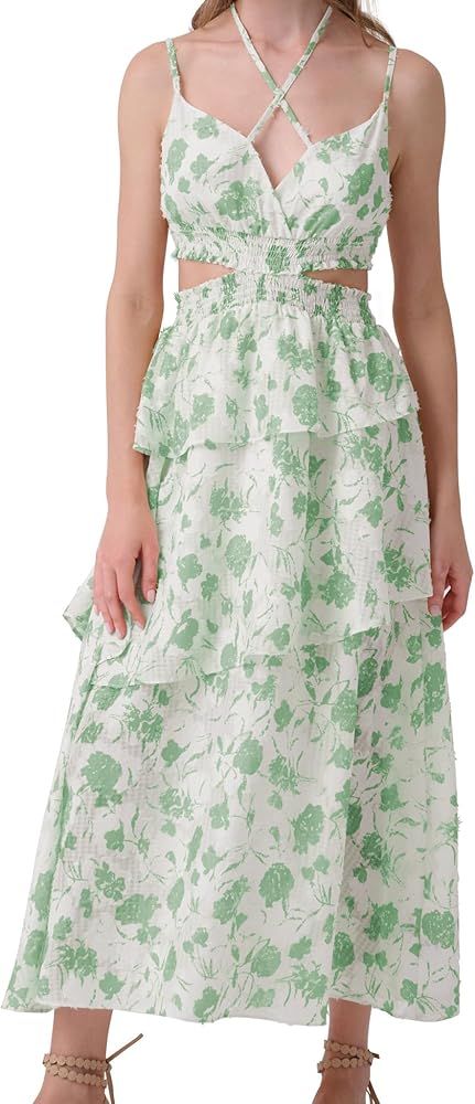 Women's Spaghetti Maxi Dress Floral Cut Out Ruffle Tiered Summer Beach Long Dresses | Amazon (US)