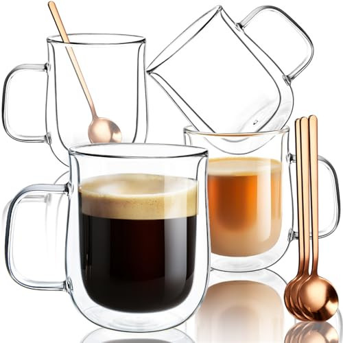 Double Walled Glass Coffee Mugs 12 oz, Glass Coffee Cups Set of 4 with Spoons, Clear Coffee Mug with Handles for Hot Beverages, Cappuccino, Latte, and Tea Bags. | Amazon (US)