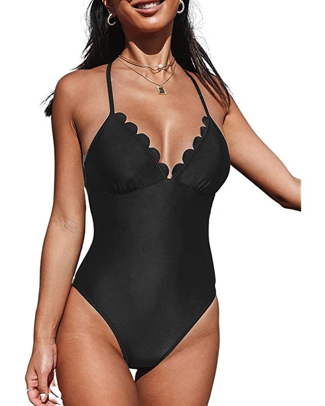 CUPSHE One Piece Swimsuit for Women Bathing Suit Scalloped V Neck Spaghetti Cross Back Adjustable... | Amazon (US)