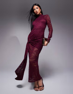 ASOS DESIGN lace long sleeve midi dress with open back with tie wrap in burgundy | ASOS (Global)