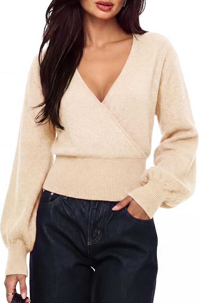 SUUKSESS Women Cashmere Blend V Neck Wrap Sweater Long Sleeve Knit Tops | Amazon (US)