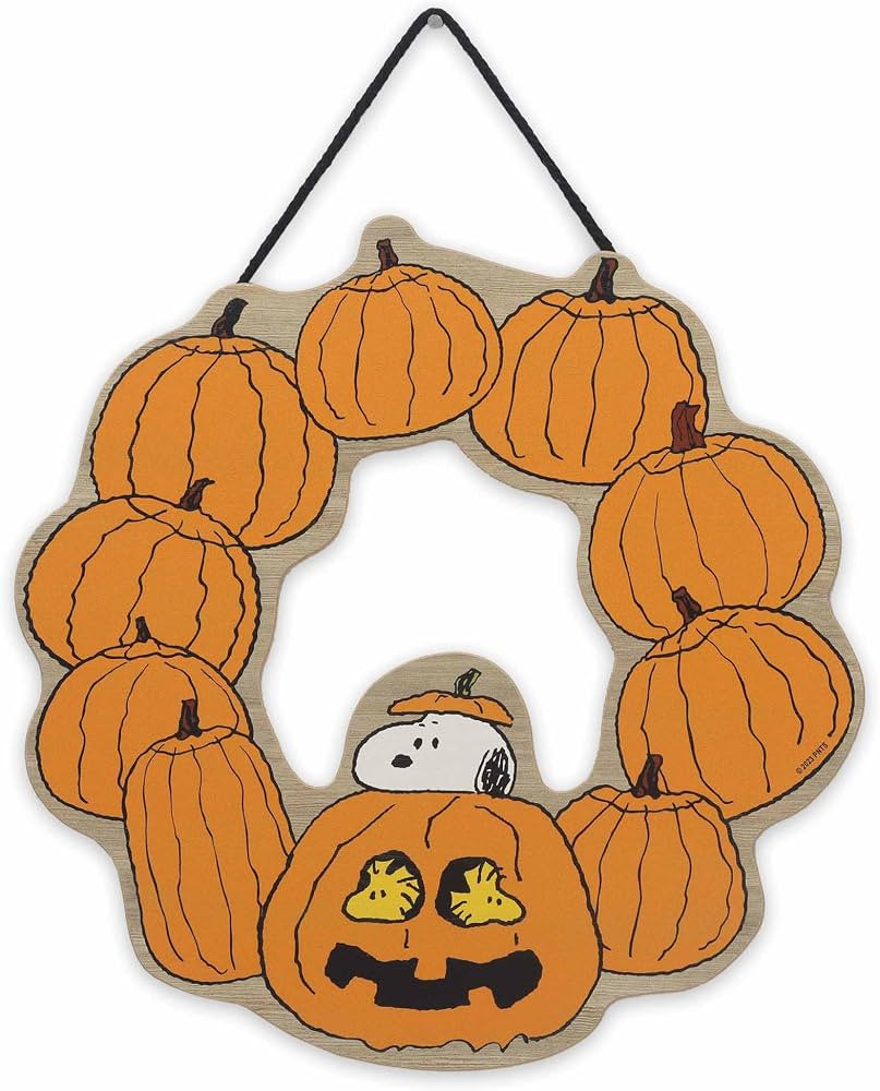 Peanuts Snoopy Jack-O-Lantern Halloween Wreath Hanging Wood Wall Decor | Amazon (US)