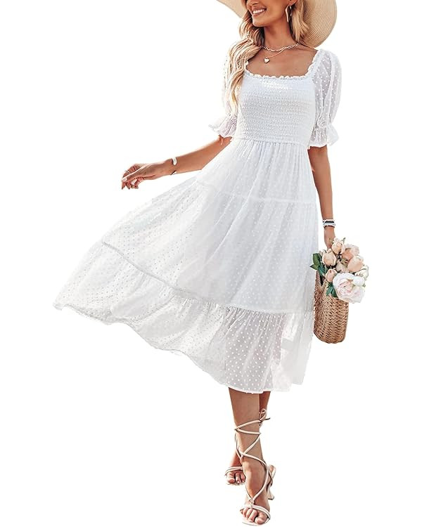 MEROKEETY Women's 2024 Summer Square Neck Puff Sleeve Boho Midi Dress Swiss Dot Ruffle Flowy Tie ... | Amazon (US)
