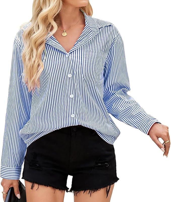 IBAOTORONI Women's Striped Button Down Shirts: Long Sleeve Office Casual Business Blouses with Po... | Amazon (US)