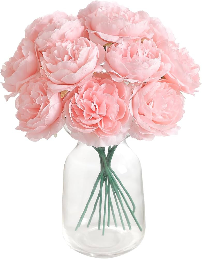RUIDKUN 12 PCS Artificial Silk Pink Peony Flowers with Stems - 8 Inch Fake Peony Bouquet for Wedd... | Amazon (US)