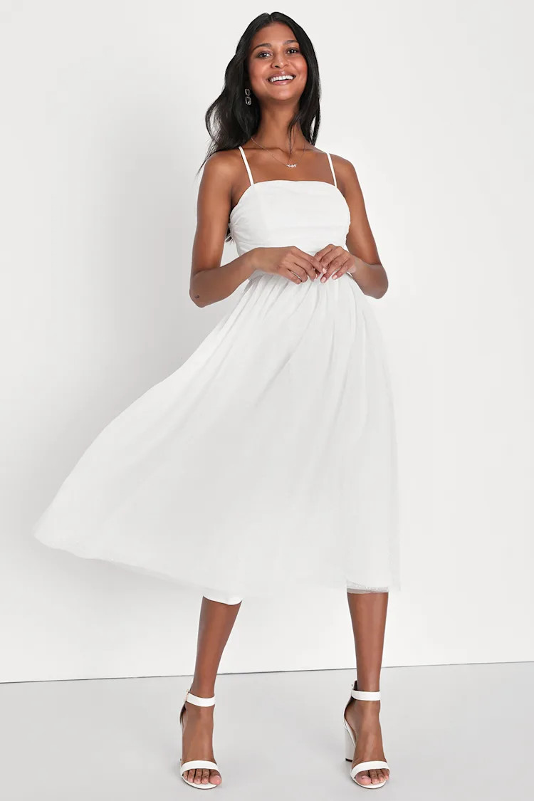 Darling Sweetheart White Swiss Dot Ruched Midi Dress | Lulus (US)