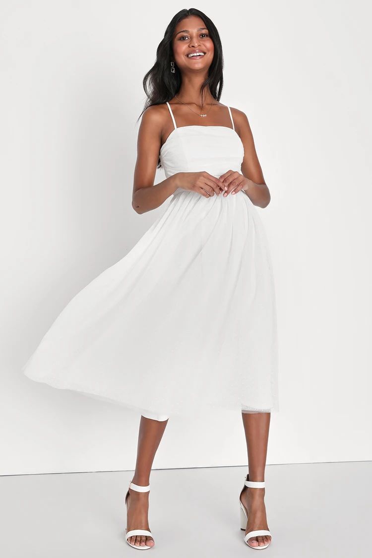 Darling Sweetheart White Swiss Dot Ruched Midi Dress | Lulus (US)