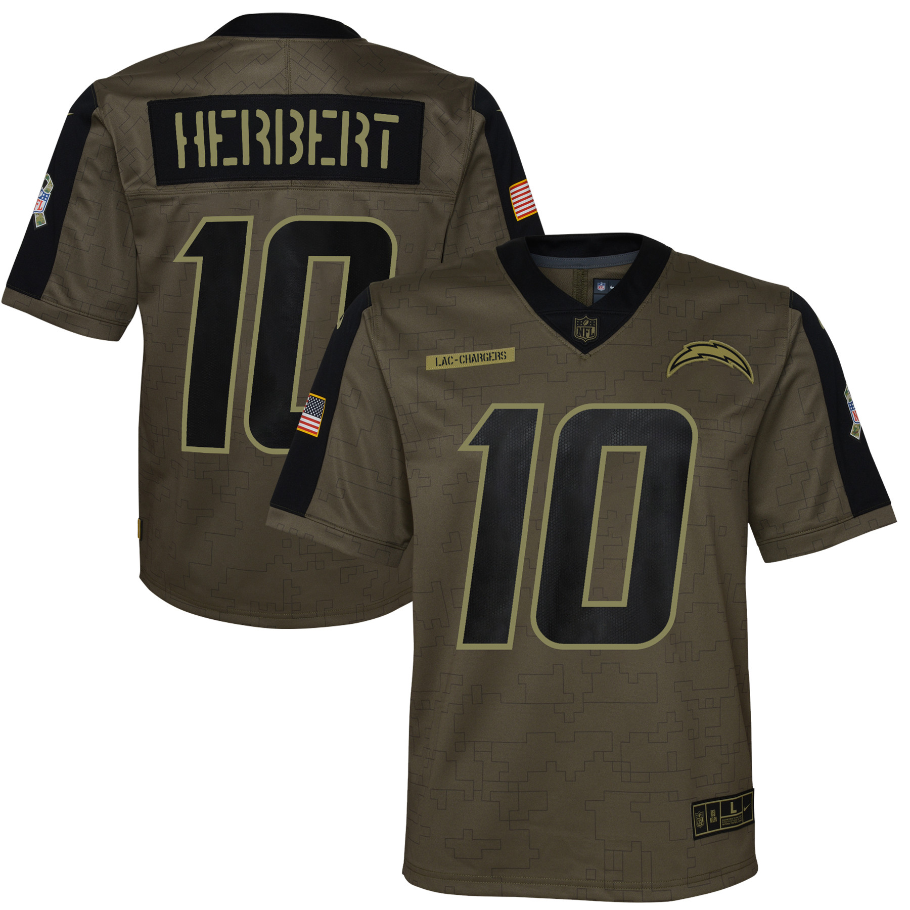 Youth Nike Justin Herbert Olive Los Angeles Chargers Salute To Service Game Jersey | Fanatics