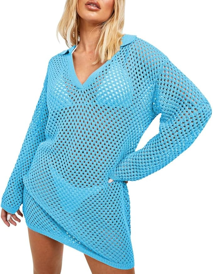 Pink Queen Crochet Swimsuit Cover Up for Women 2024 Sexy Hollow Out Bikini Bathing Suit Coverup K... | Amazon (US)