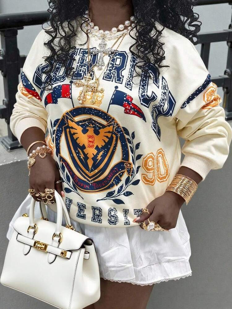 Rovax Casual Minimalist Wide Graphic Print Loose Fit Long Sleeve Sweatshirt Y2k Clothes Fall Clothes Winter Clothes | SHEIN