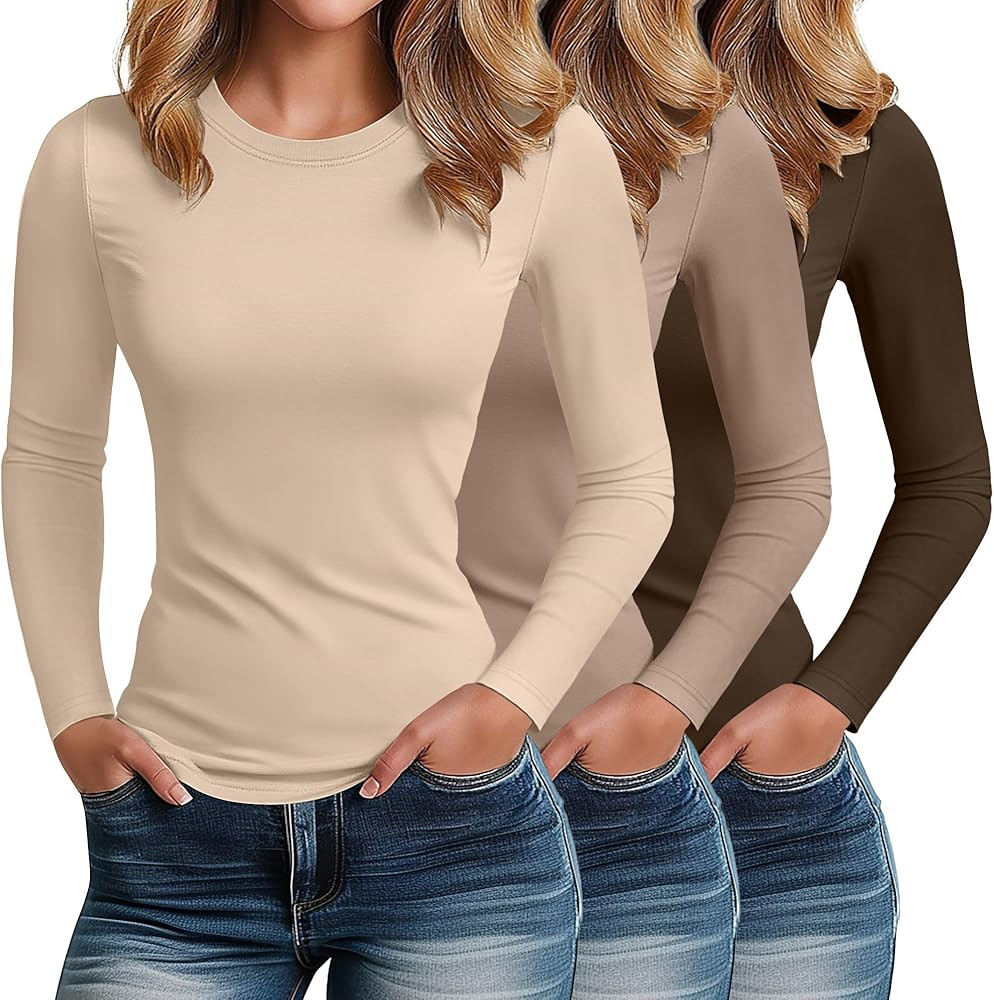 Riyiper 3 Pack Women's Long Sleeve Shirts Cotton Crew Neck Tops Slim Fitted Stretchy Casual Basic... | Amazon (US)