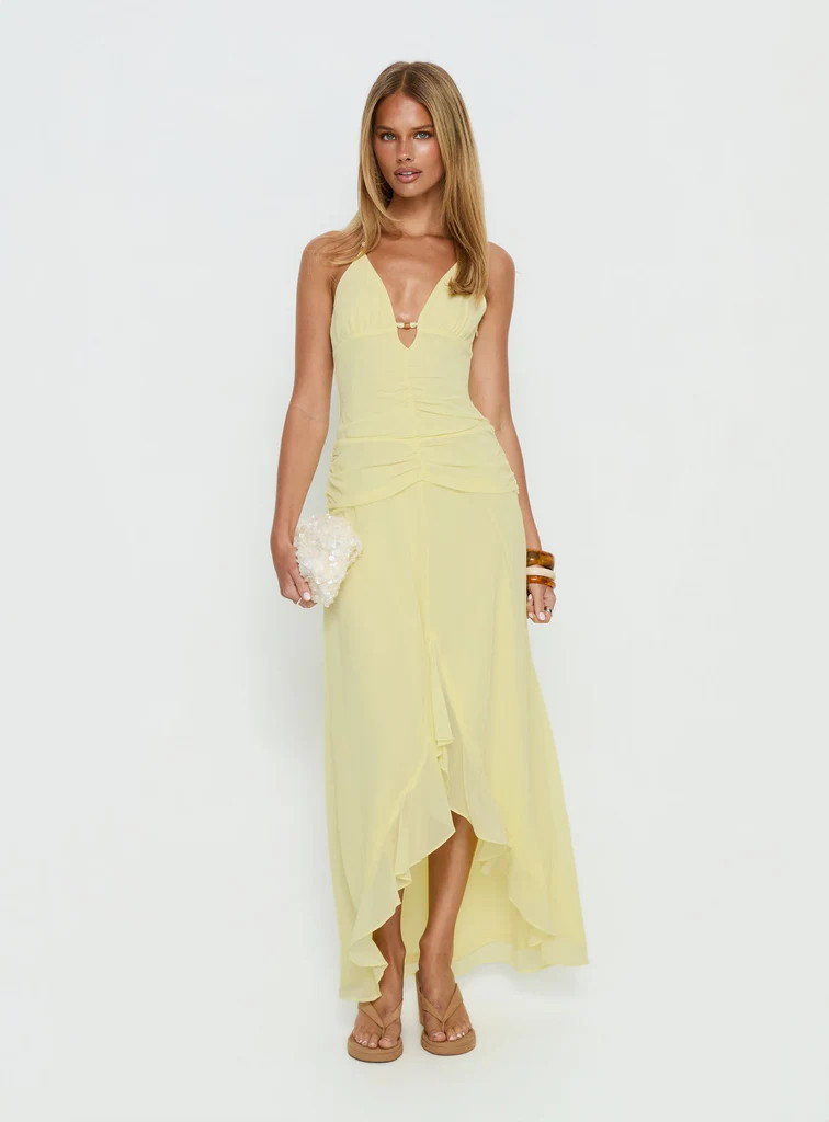 Roxine Asymmetrical Halter Maxi Dress Yellow | Princess Polly US