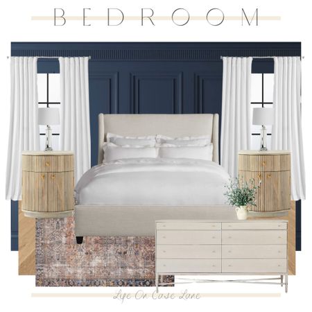 Bedroom moodboard, upholstered bed, designer furniture, the look for less, transitional decor, faux olive tree, McGee and do, wayfair bed, contemporary rug, cb2 nightstands, Loloi rug, lamp dupe, white drapes, curtains. Fluted nightstand 

#LTKhome