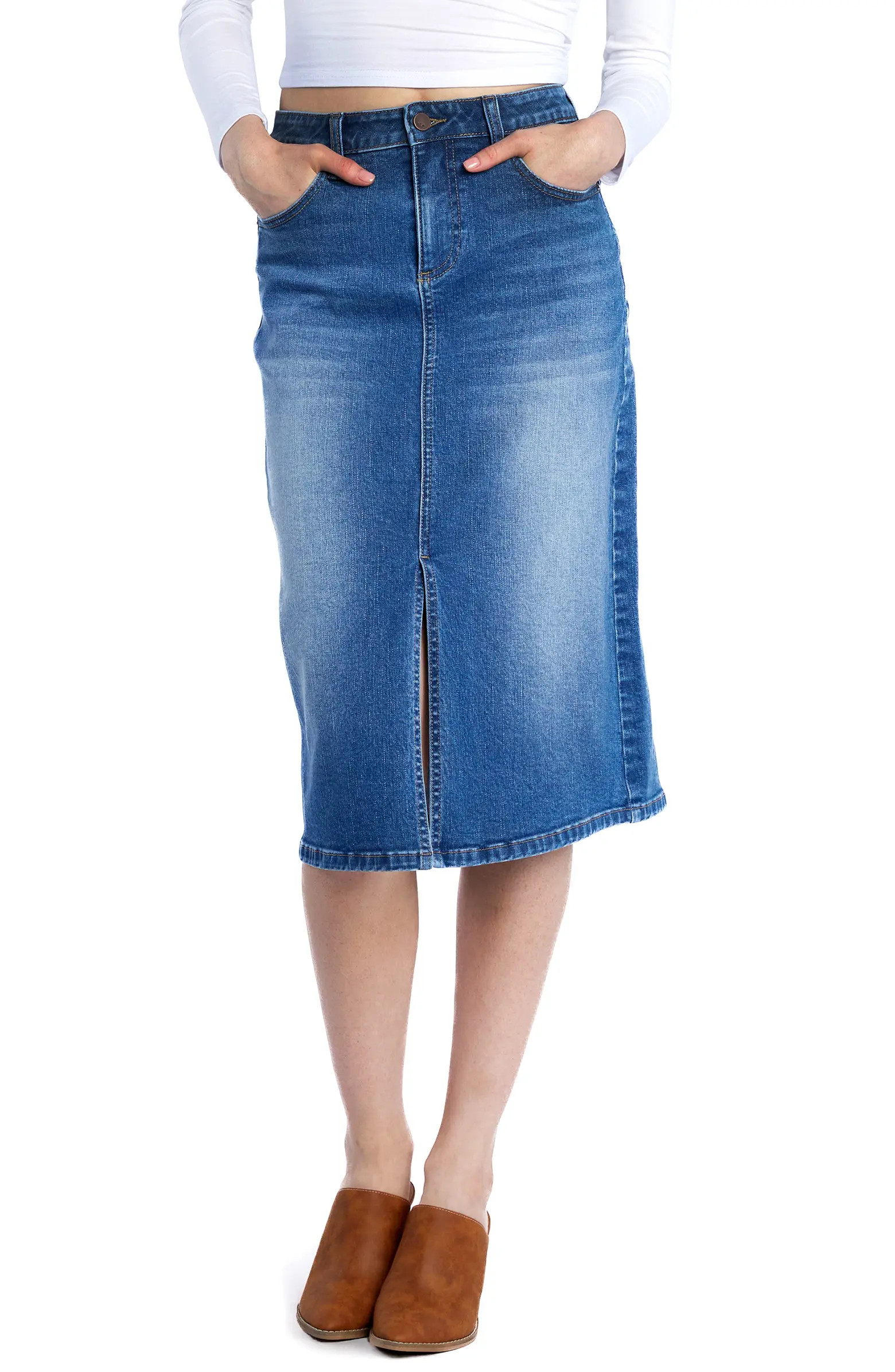Courtney Front Slit Denim Midi Skirt | Nordstrom