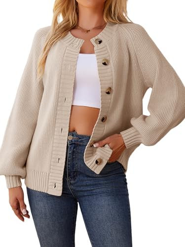 Cardigan Sweaters for Women Crew Neck Chunky Knit Cardigan Button Down Long Sleeve Fall Winter Fa... | Amazon (US)