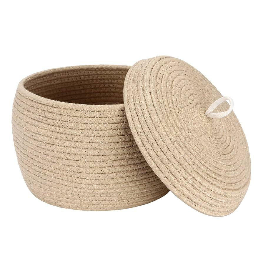 Sea Team Round Cotton Rope Storage Basket with Lid, Decorative Woven Storage Bin, Pot, Caddy, Org... | Amazon (US)