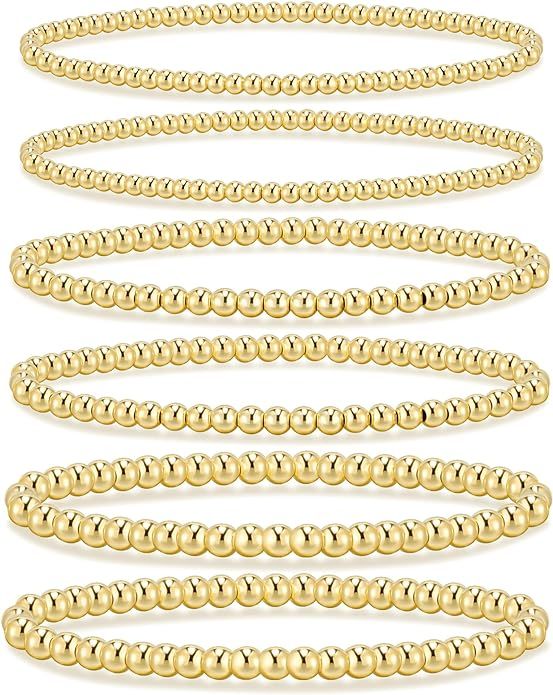 adoyi Gold Bracelets for Women, 14K Gold Plated Beaded Bracelets Strand Gold Stretch Bead Ball Br... | Amazon (US)