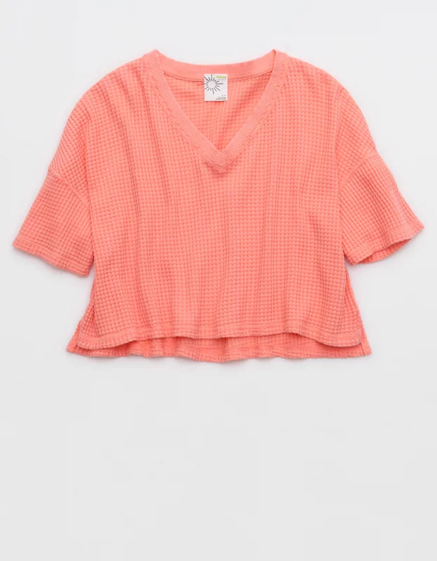 OFFLINE By Aerie Wow! Waffle V Neck Cropped Short Sleeve T-Shirt | Aerie