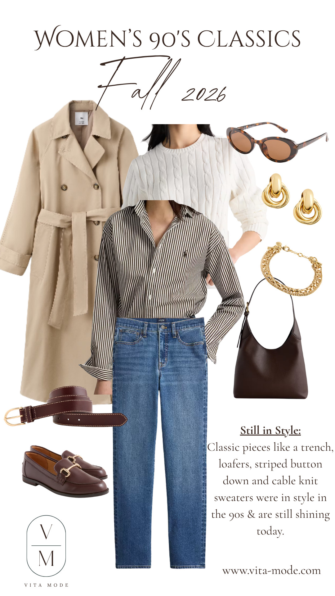 Women's classic fall fashion...fresh in the 90s and today! These are pieces that will never go out of style. 

trench coat, button down, loafers, oval sunglasses, chunky earrings, cable knit sweater, J Crew Factory, Polo Ralph Lauren, Mango, Quince

#womensfashion #fallfashion 

 #LTKSeasonal #LTKOver40