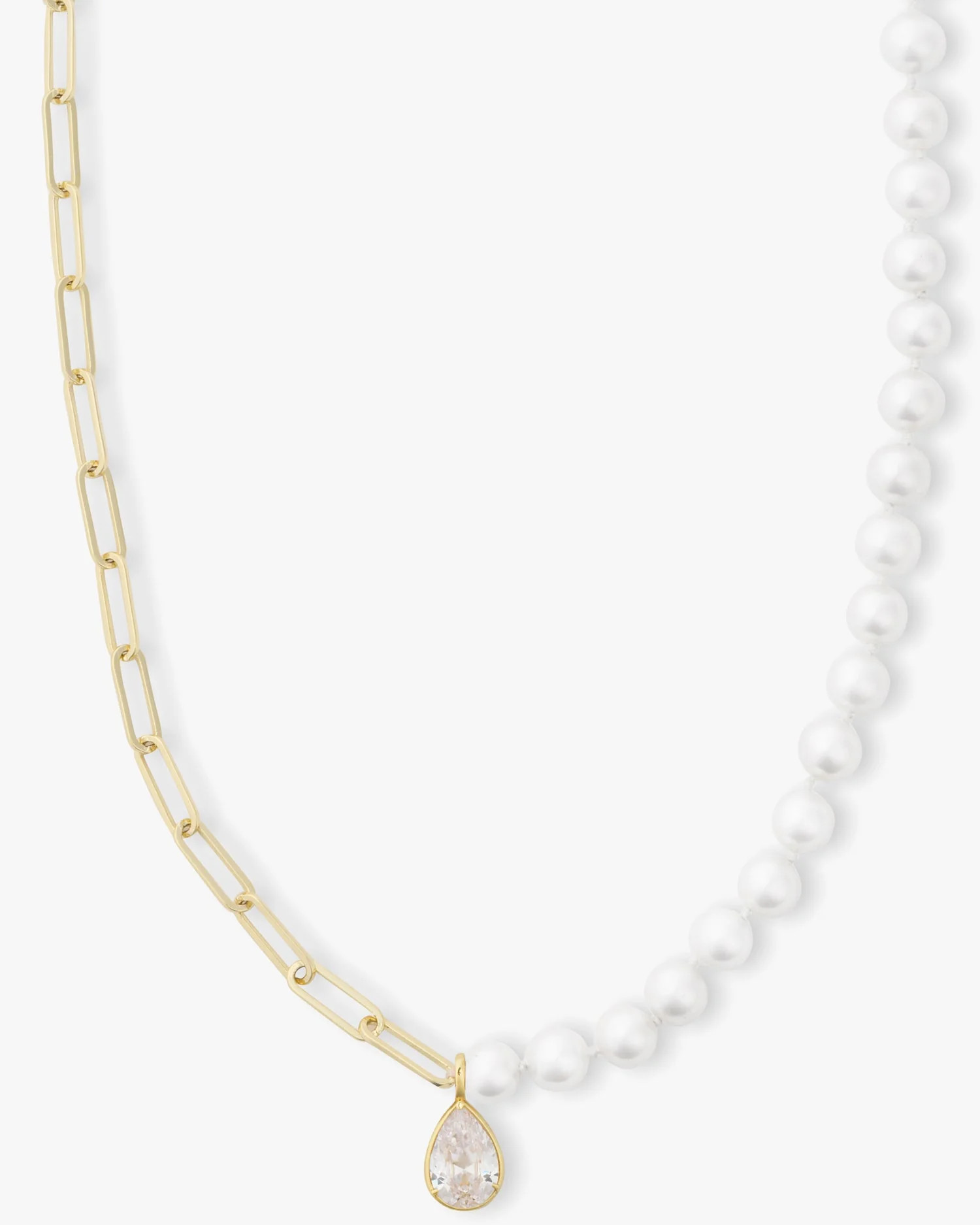 Samantha Half Chain Pearl Necklace 30" w/Detachable Teardrop - Gold | Melinda Maria Jewelry