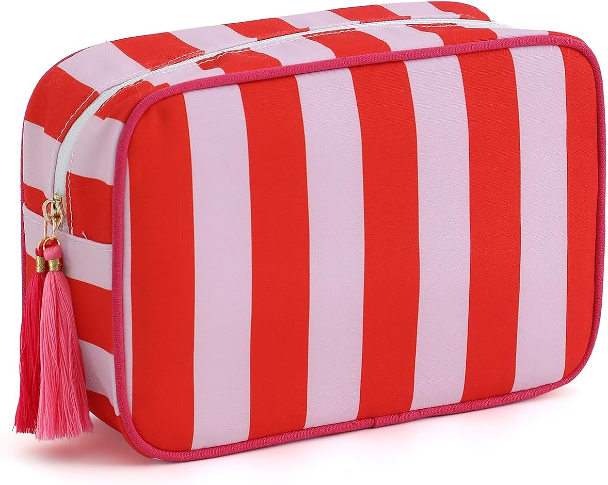 Stripe Makeup Bag Travel Cosmetic Bag Organizer Tassel Toiletry Bag Large Canvas Zipper Pouch and... | Amazon (US)