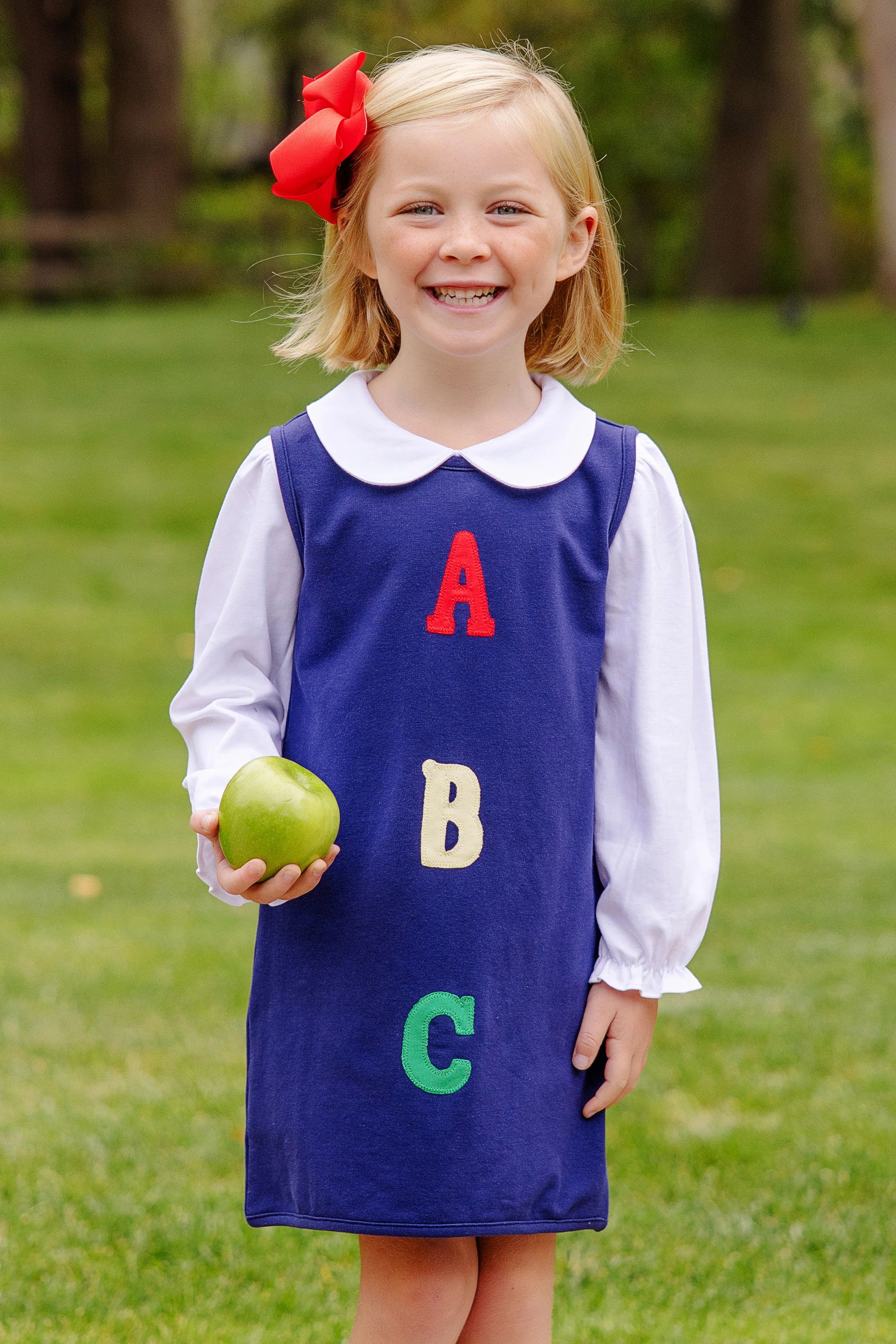 Annie Apron Dress - Nantucket Navy with ABC Applique | The Beaufort Bonnet Company