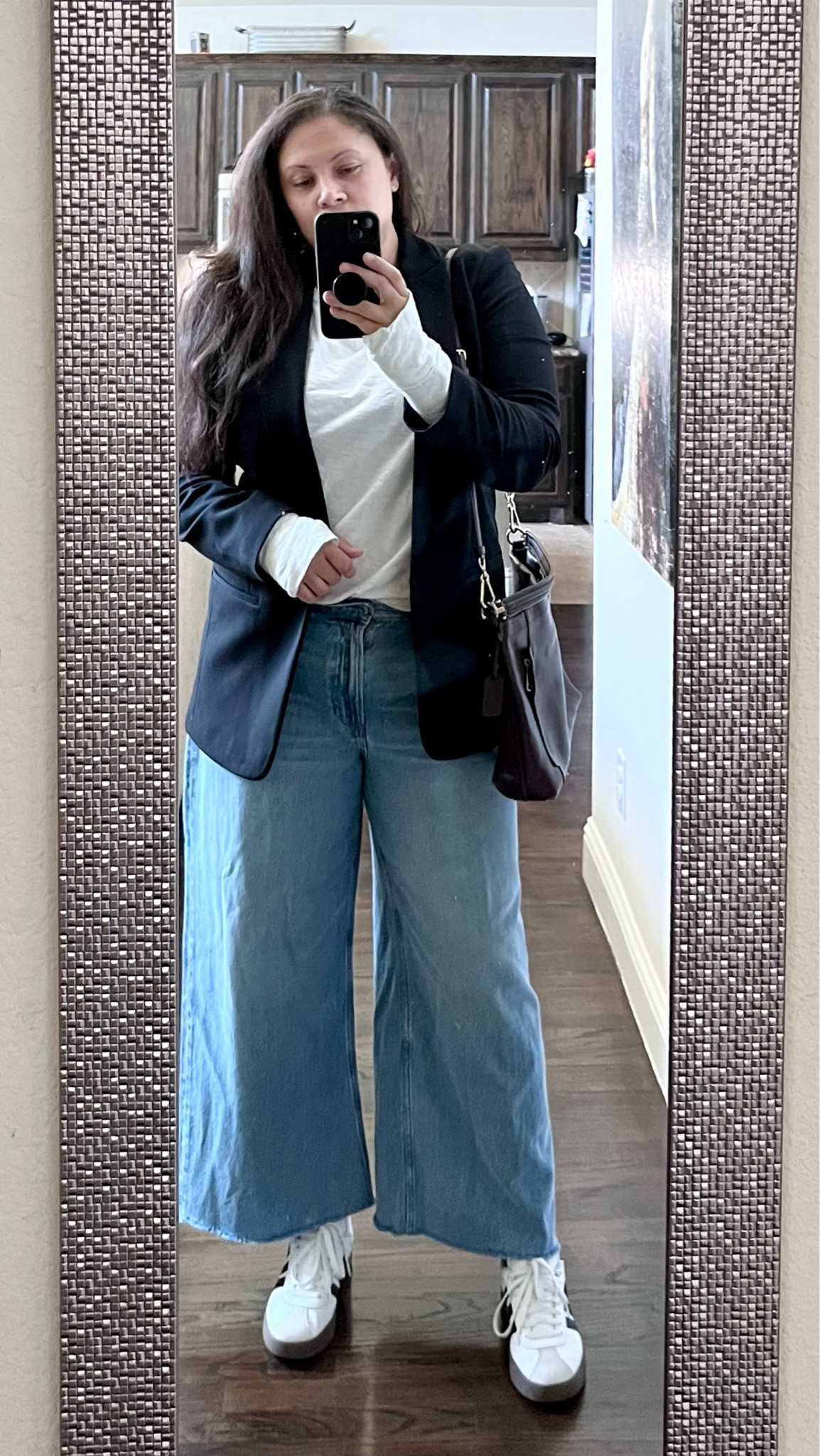 Express blazer (linked similar), Free people top, Abercrombie jeans, adidas VL Court sneakers (similar look to the Samba), and an on trend Oxblood (deep red) crossbody handbag (Coach, linked similar).

#LTKSeasonal #LTKMidsize #LTKFallSale