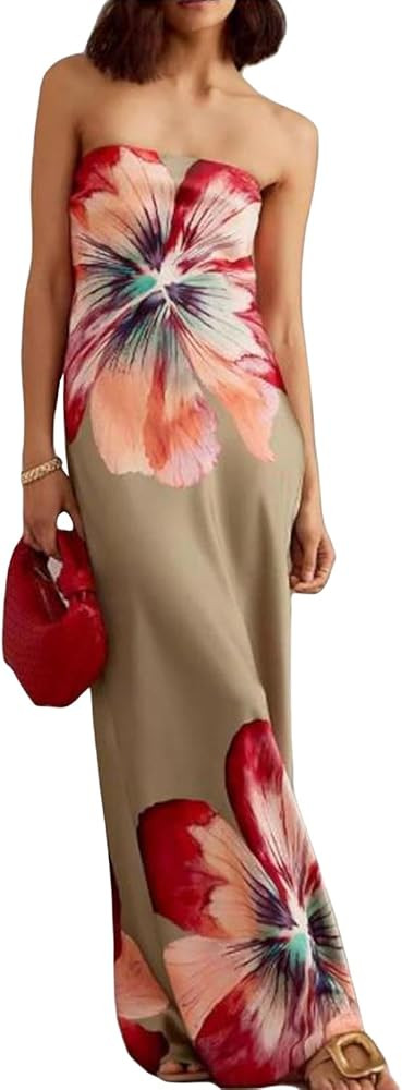 Women Floral Strapless Maxi Dress Elegant Sleeveless Tube Long Wedding Guest Dress Y2k Party Cock... | Amazon (US)