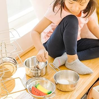 Melissa & Doug Stainless Steel Pots & Pans, 8 Piece Play Kitchen Set, Premium Play Kitchen Access... | Amazon (US)