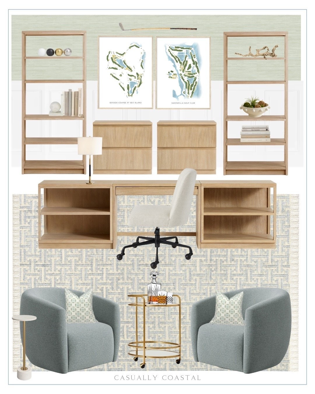 Golf Themed Men’s Home Office. Desk, desk chair, shelves, file cabinets all currently on sale! 

Men’s office, coastal home, home office, office rug, office desk, office chair, executive desk, pottery barn desk, 2 drawer wide file cabinet, upholstered swivel desk chair, pottery barn bookcase, Etsy office wall art, seaside course art, green geometric linen pillow cover, swivel chair, vintage hickory shaft golf iron, bar cart, pottery barn rug, coastal rug, handwoven wool jute rug, Amazon wallpaper, green classic grass cloth peel and stick wallpaper, metal table lamp, office lamp, whiskey decanter, whiskey glasses, abstract figurines, landscape figurines, decorative marble orb bookends, round metal bowl, marble end table, wayfair end table, pale blue and ivory area rug, wayfair rug, golf and sip gift bundle, golf book, golf decor, golf courses book, golf putting mat, golf marble wine chiller

#LTKHome #LTKMens #LTKSaleAlert