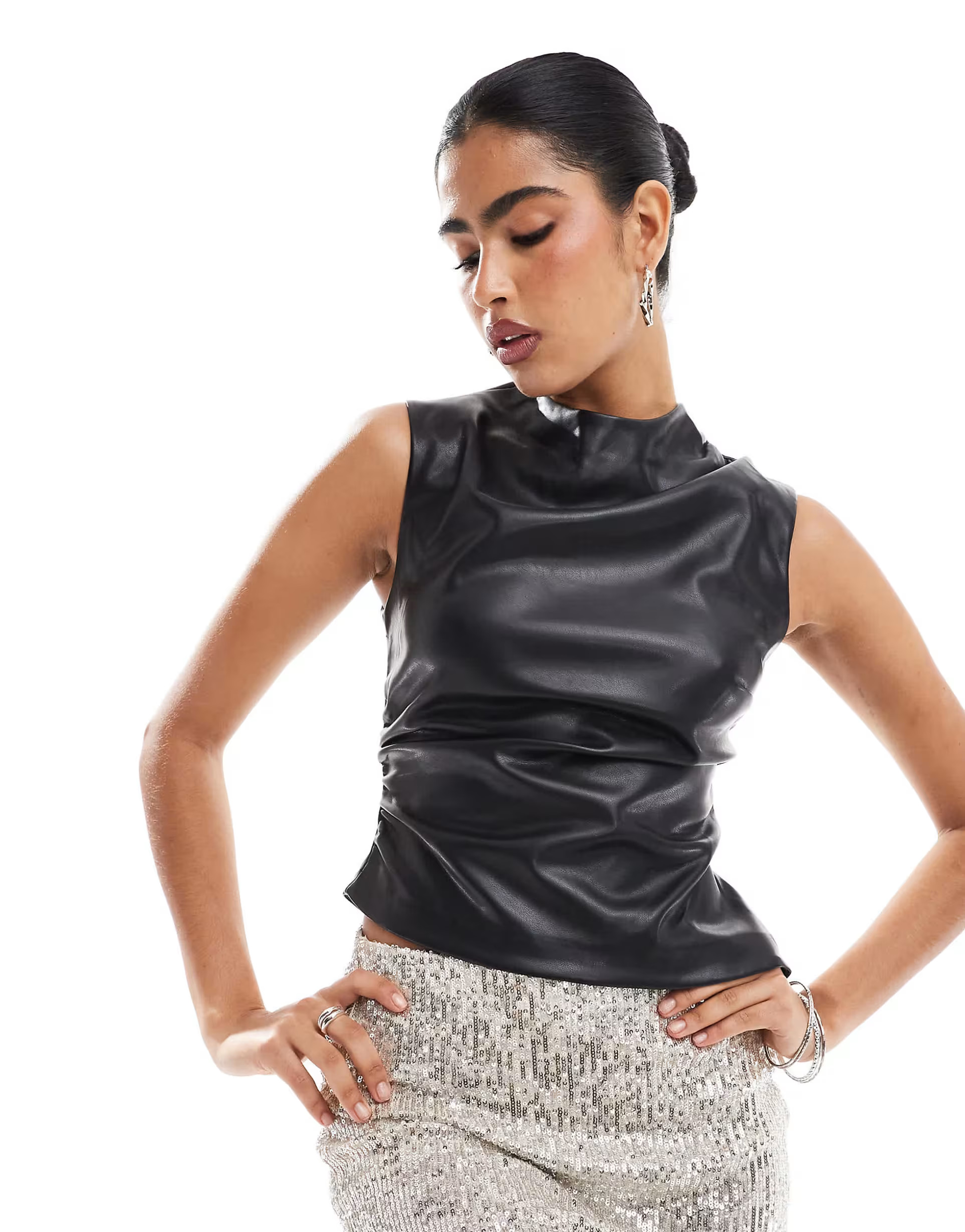 Bershka high neck faux leather top in black | ASOS (Global)