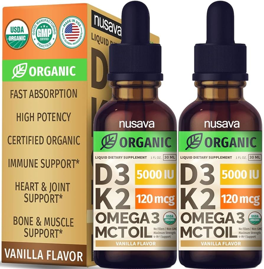 (2 Pack) Organic Vitamin D3 K2 Drops w MCT Oil Omega 3, 5000 IU, Maximum Strength Vitamin D Liqui... | Amazon (US)