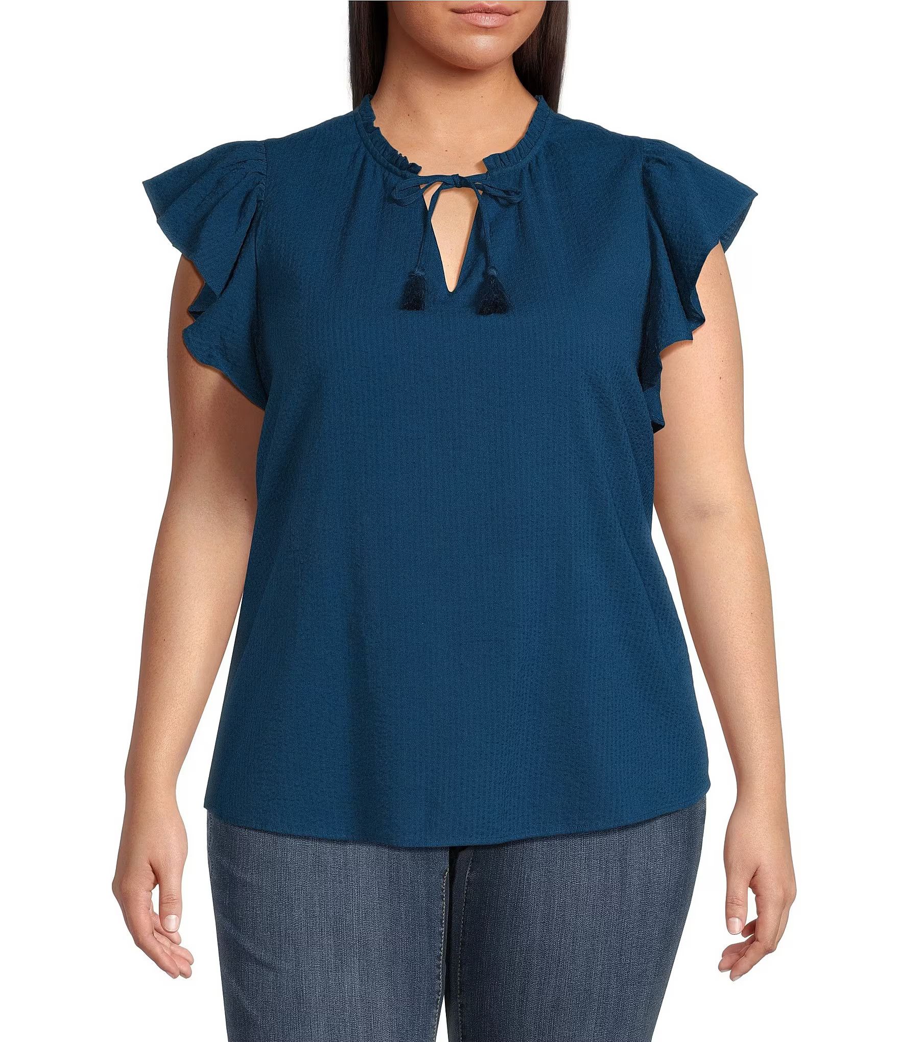 Plus Size Lora Cotton V-Neck Cap Flutter Sleeve Button-Front Top | Dillard's